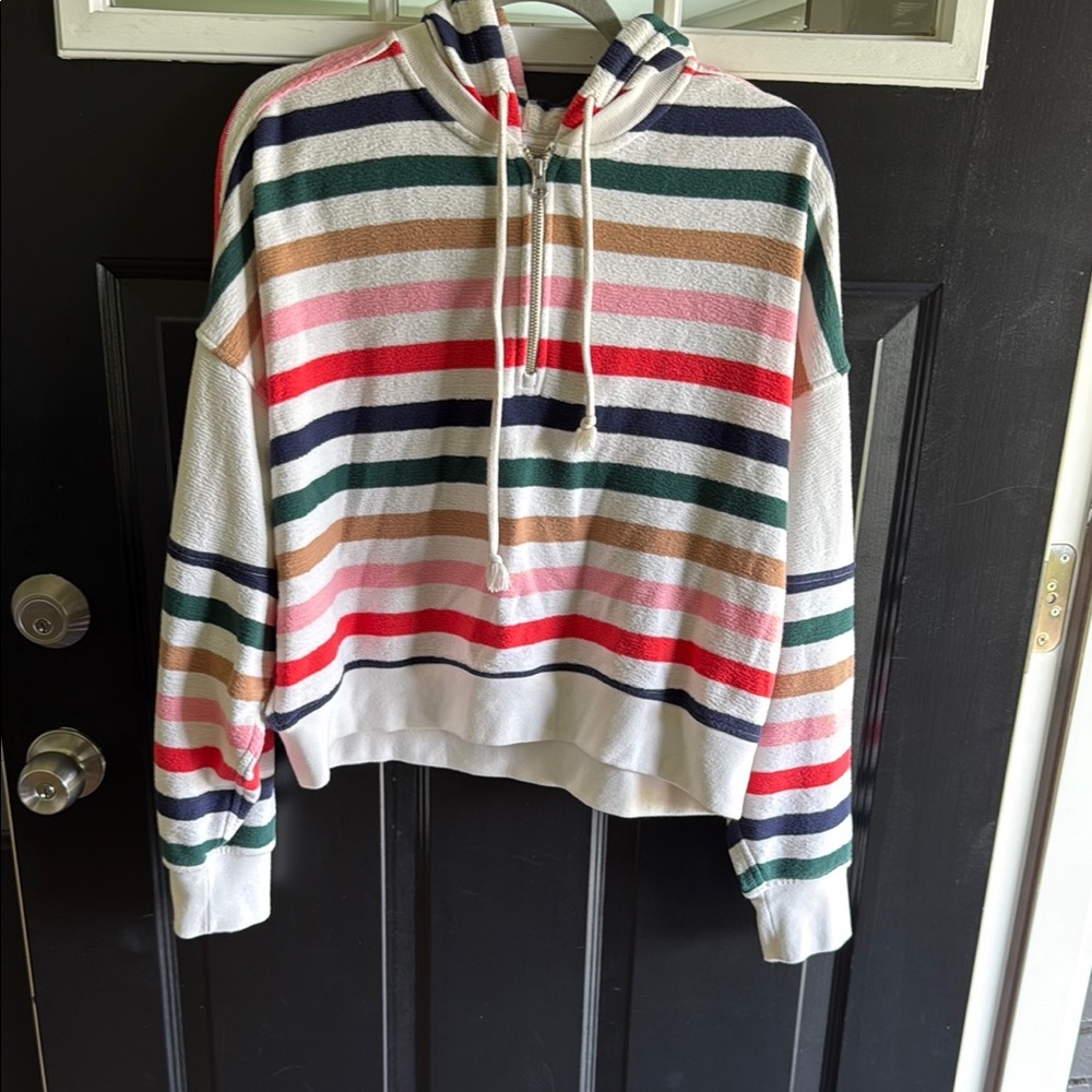 Aerie Red and Pink Cropped Sweater with Drawstring Hood